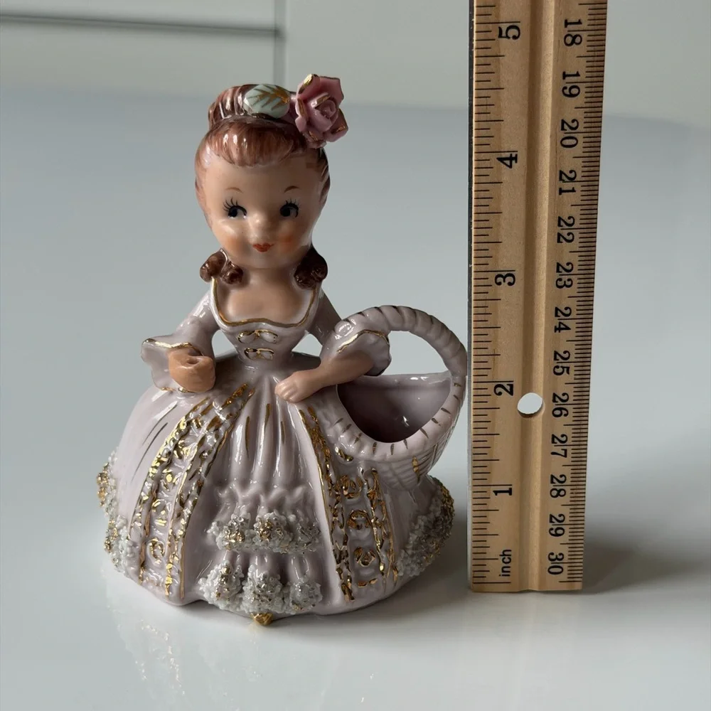 Ucagco Vintage Ceramic Spahgetti Trim Girl Figurine with Basket Planter